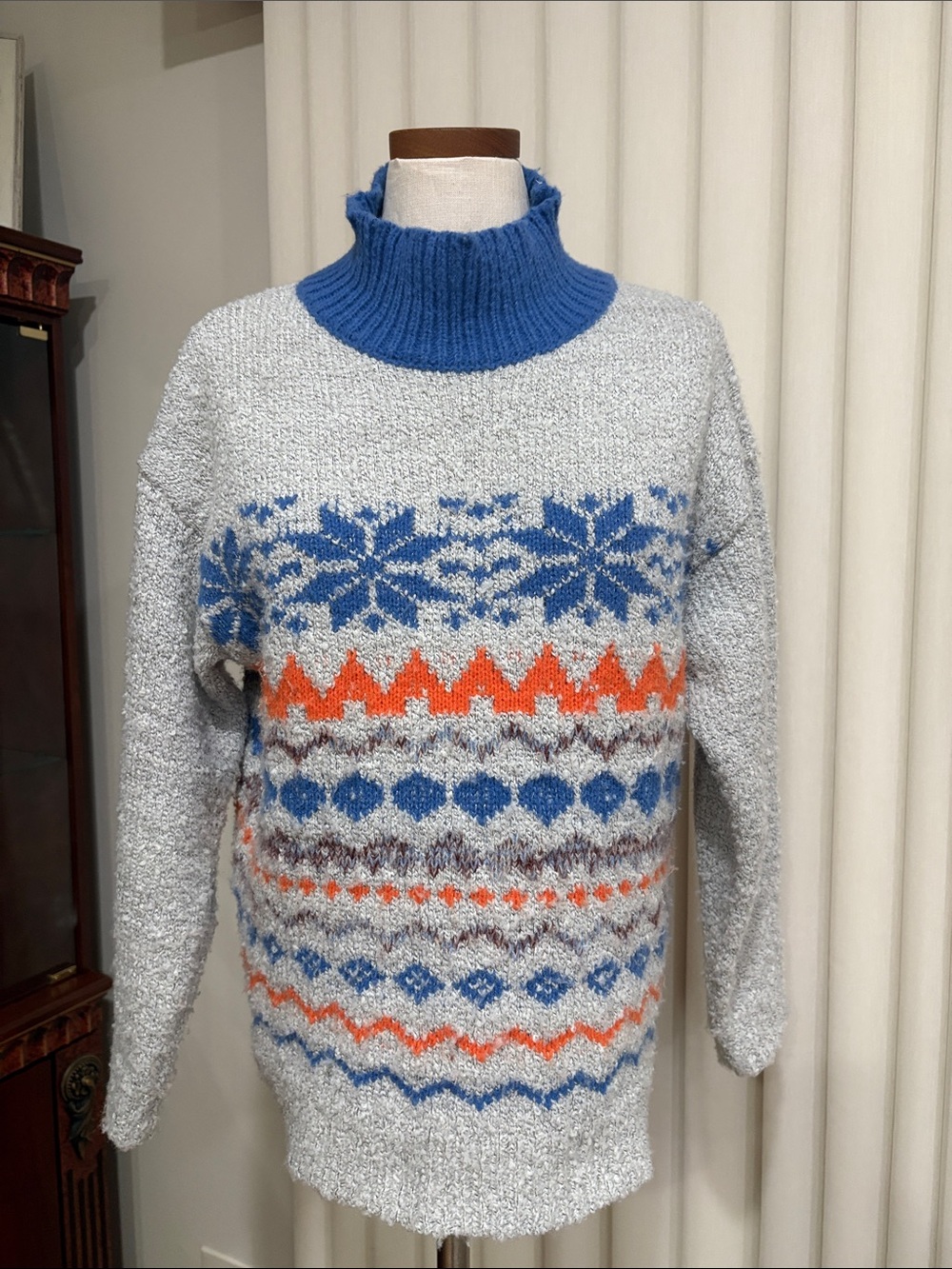 easel vintage women’s relaxed Gray Sweater Turtleneck chunky festive Nordic S